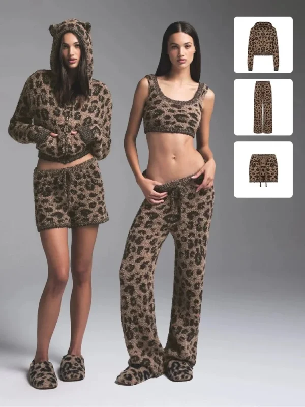 Set di pantaloncini con gilet e pantaloni con cerniera per orecchio piccolo in maglia di velluto limitata con stampa leopardata natalizia 1