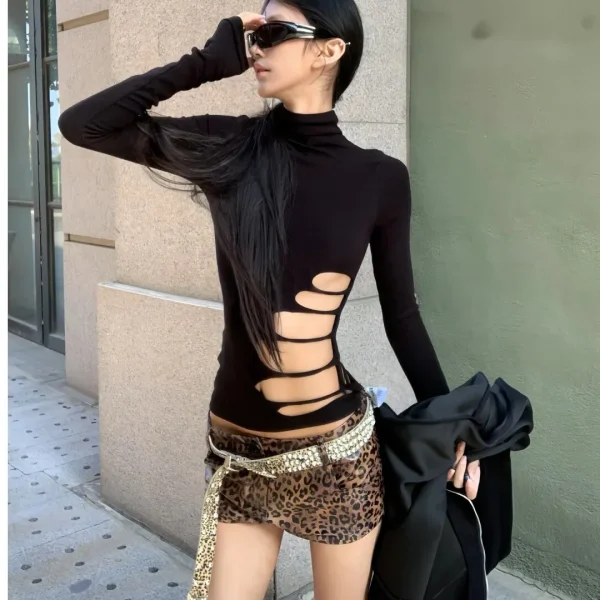 T-shirt a maniche lunghe stile americano da donna autunno scava fuori colletto semi-alto camicia base sexy top dimagrante 5