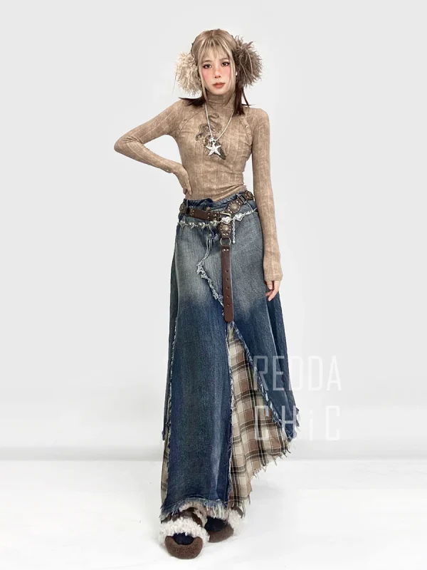 REDDACHiC Gonna di jeans scozzese patchwork irregolare Donna Do Old Gradient Overlay Vita Maxi Gonna jeans lunga Y2k Retro Streetwear 5