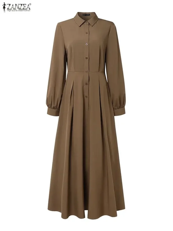 2025 ZANZEA Autunno Elegante Manica Lunga Lanterna Abiti Ufficio Abito da Donna Elegante Vita Maxi Robe Solido Pieghettato Vestito Estivo da Lavoro 1