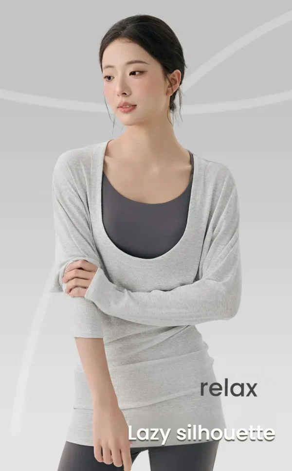T-shirt da allenamento a pipistrello a maniche lunghe con scollo a U oversize da donna T-shirt da allenamento ampia con copertura per esercizi sui fianchi T-shirt da palestra per pilates 1