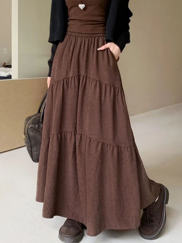 Qiukichonson Gonna lunga maxi grigia Donna 2024 Moda coreana Autunno Inverno Casual Gonne a pieghe con volant a vita alta 90 cm Rok 5