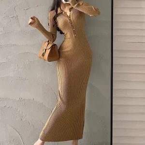 Eleganti abiti da festa per le donne 2023 abito autunno inverno elastico a maniche lunghe Slim Vintage Basic Knit Dress Y2k 1