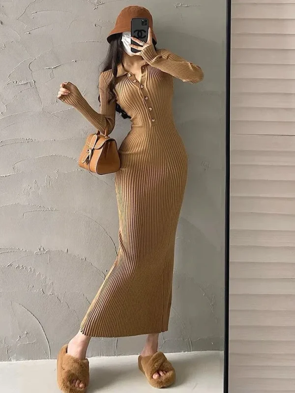 Eleganti abiti da festa per le donne 2023 abito autunno inverno elastico a maniche lunghe Slim Vintage Basic Knit Dress Y2k 1