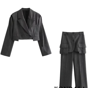 KONDALA Casual nero a righe vestito da donna con scollo a V Blazer con bottone singolo pantaloni larghi dritti moda 2023 autunno Office Lady Set 1