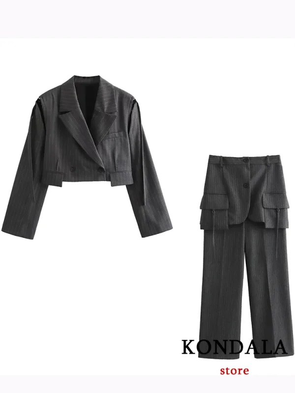 KONDALA Casual nero a righe vestito da donna con scollo a V Blazer con bottone singolo pantaloni larghi dritti moda 2023 autunno Office Lady Set 1
