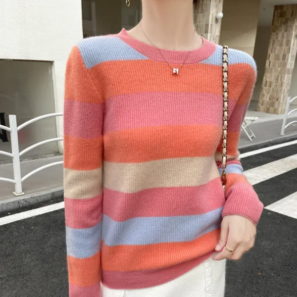 Moda 100% lana merino O-Collo lavorato a maglia maglione a righe colorate maniche lunghe pullover cashmere basic morbido abbigliamento casual Top 4