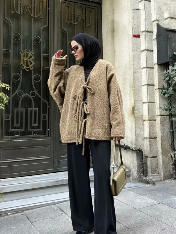 Moda Donna Cardigan a Maglia Casual Autunno e Inverno Allentato Tinta Unita Scollo a V Cravatta Cappotto Retrò Manica Lunga Giacca Pendolare 5