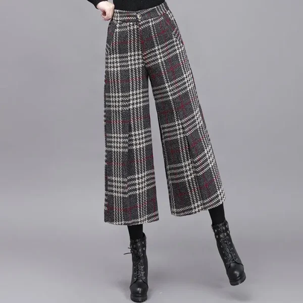Pantaloni scozzesi alla moda a gamba larga Pantaloni corti Pantaloni da donna Inverno Nuovi pantaloni con gonna ispessita Pantaloni con gamba altalena 2