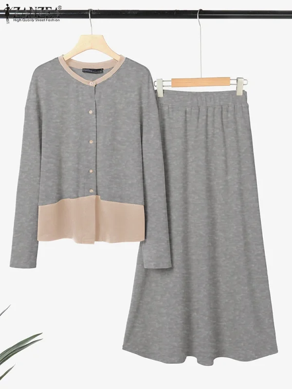 ZANZEA Set di abiti eleganti lavorati a maglia da donna 2025 Camicie patchwork di colore a maniche lunghe autunno e maxi gonne Moda casual allentata 2 pezzi 5