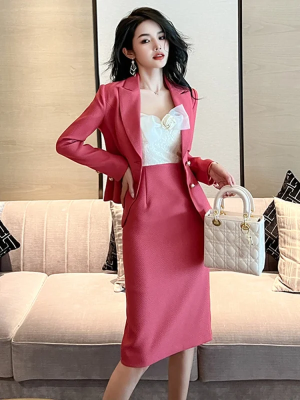Moda donna elegante 2 pezzi abito set cappotto professionale giacca squisita paillettes lucide cinturino rosa abito vestido outfit 2