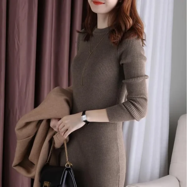 2023 Autunno/Inverno Versione coreana Nuovo girocollo Abito a maniche lunghe Slim Fit e moda Tinta unita Abito a trapezio di media lunghezza 6