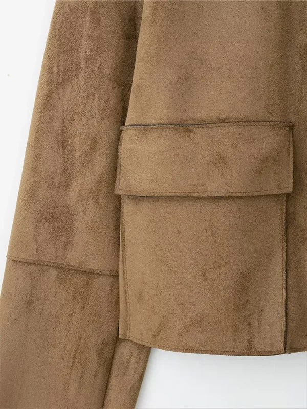 HH Giacca autunnale da donna Cappotto vintage in pelle scamosciata solida Manica lunga Colletto rovesciato Giacche corte Capispalla da strada alla moda 6