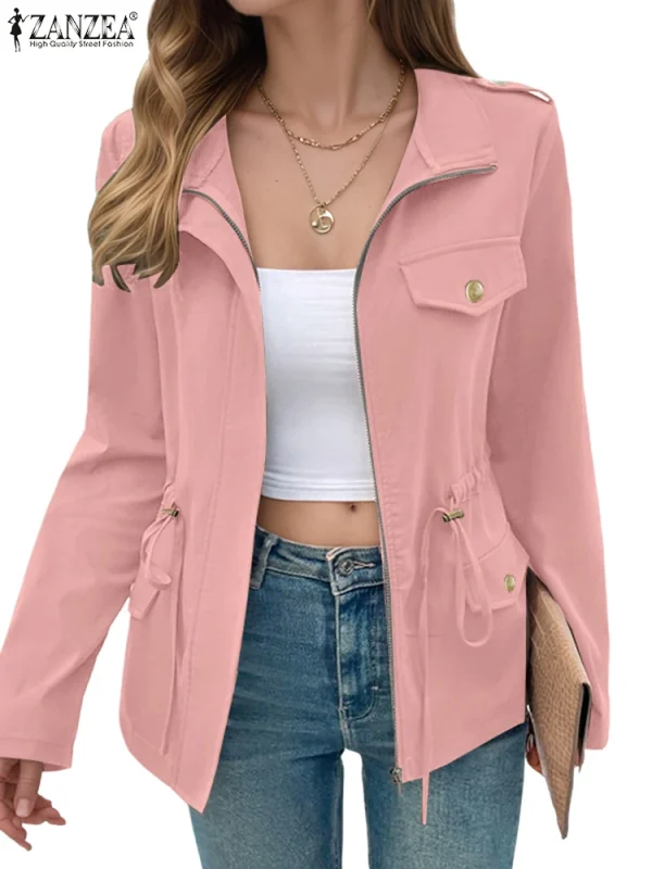 ZANZEA 2025 Autunno Moda Giacche a maniche lunghe Donna Casual Coulisse in vita Zip-Up Capispalla Tinta unita Abbigliamento da lavoro Cappotti cargo 4