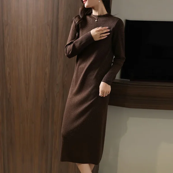 Autunno e inverno nuovo girocollo lungo caldo gonna dritta abito maglione con gonna in maglia di lana tinta unita da donna 4