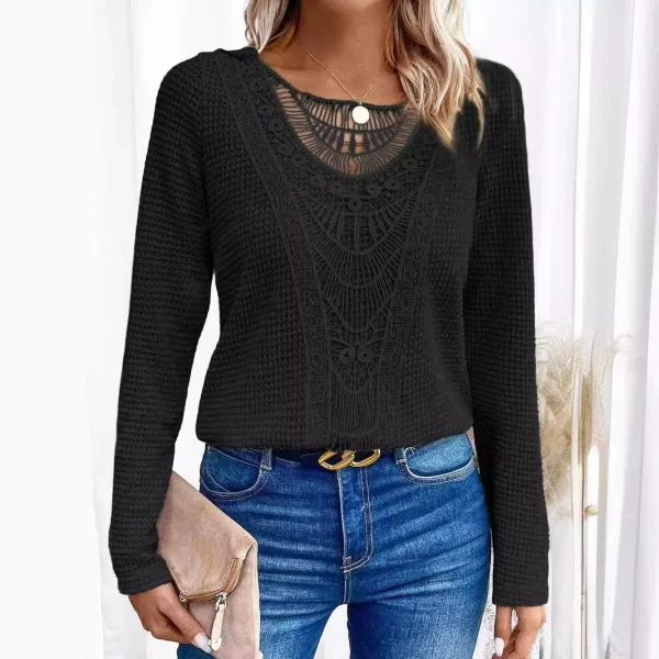 T-shirt ritagliata girocollo tinta unita T-shirt elegante in pizzo a contrasto a maniche lunghe a costine per abbigliamento da donna autunno inverno 3