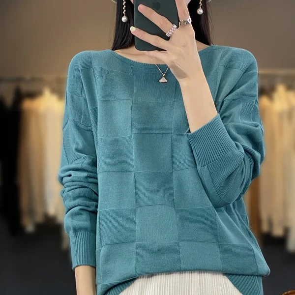 Autunno Inverno Nuove Donne 100% Cotone Morbido Maglione Colletto Rotondo Modello Quadrato Pullover Allentato Moda Maglieria Casual Base Top 1