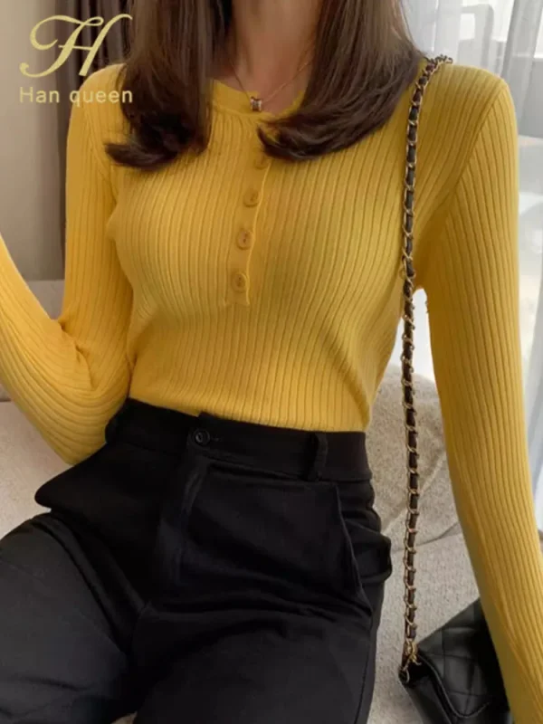 H Han Queen 2025 Vestiti autunnali Pullover di base Maglione da donna semplice Elasticità elegante Top da donna casual coreano a maniche lunghe 2