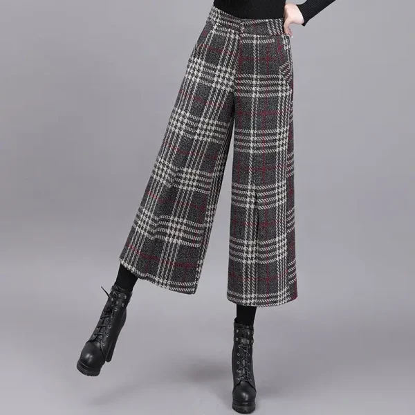 Pantaloni scozzesi alla moda a gamba larga Pantaloni corti Pantaloni da donna Inverno Nuovi pantaloni con gonna ispessita Pantaloni con gamba altalena 4