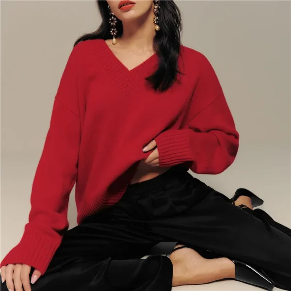 100% maglione di pura lana autunno/inverno nuovo casual tinta unita lavorato a maglia top con scollo a v camicetta con base pullover sciolto da donna 4