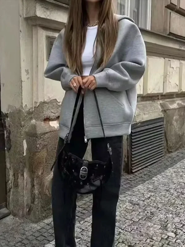 HH Autunno Donna Giacca grigia con cappuccio Manica lunga Tasca grande Giacca con cerniera Cappotto Donna Allentato Capispalla casual Cappotto Top 6