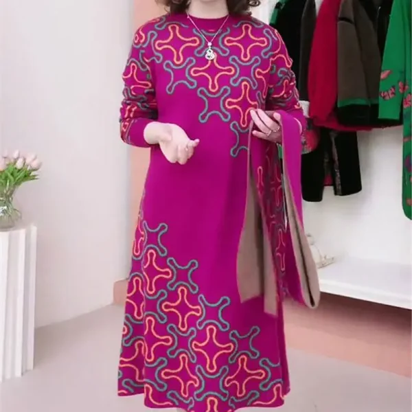 Abito longuette stampato allentato casual Abbigliamento femminile Girocollo Autunno Inverno Sciarpa elegante A-Line Vita Pendolarismo Abiti a maniche lunghe 6