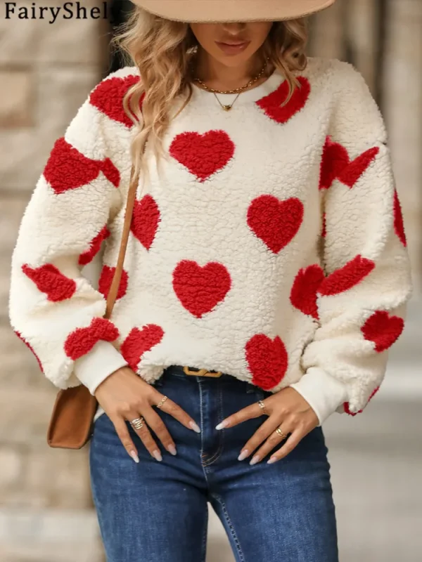 Fairyshely 2025 Inverno Love Print Felpe con cappuccio larghe da donna Felpa con stampa a maniche lunghe Allentato Casual Autunno Lady Felpa con cappuccio in peluche Top 2