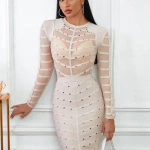 BEAUKEY Abito da sera sexy beige con rivetti tempestati di maglia con borchie Prospettiva da donna Abito trasparente aderente a maniche lunghe XXL Vestido 1
