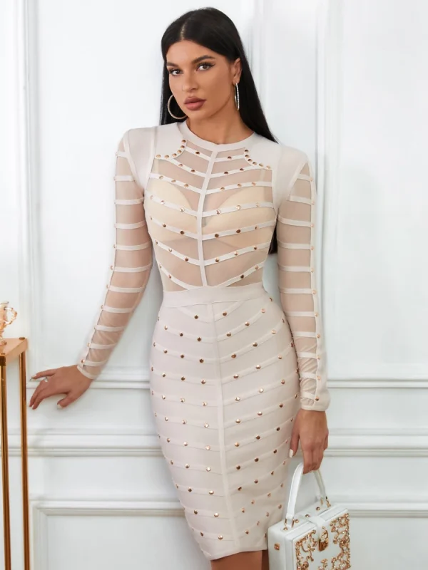 BEAUKEY Abito da sera sexy beige con rivetti tempestati di maglia con borchie Prospettiva da donna Abito trasparente aderente a maniche lunghe XXL Vestido 1