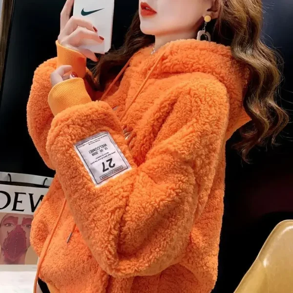 Felpa con cappuccio da donna in pile ispessito autunno inverno vestibilità ampia sopra la testa pelliccia di agnello simulazione manica lunga Top alla moda 2
