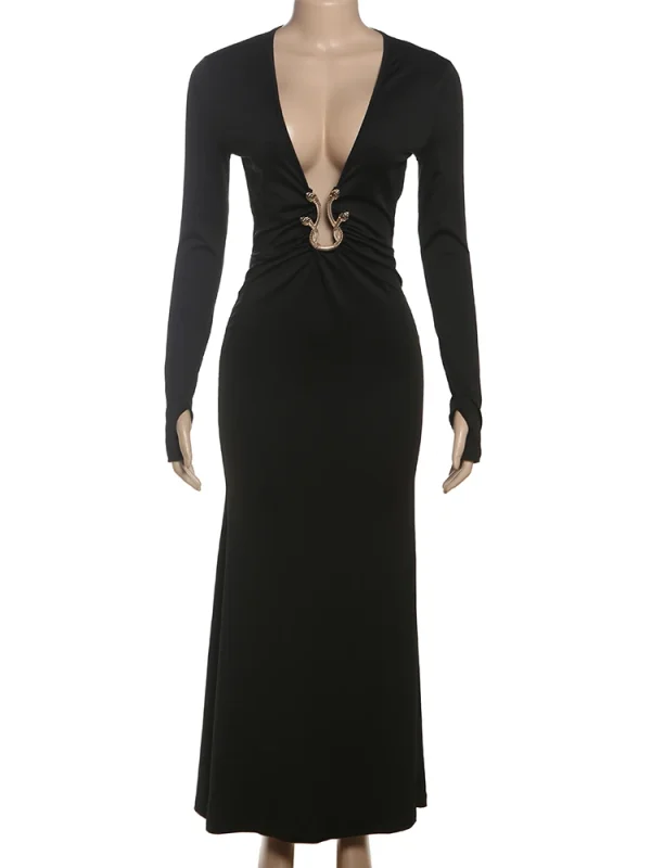 Strano Puss Metallo Increspato Vestito Delle Donne Profondo Scollo A V Manica Lunga Sexy Stretch Elegante Banchetto Hipster Compleanno Prom Party Abiti 6