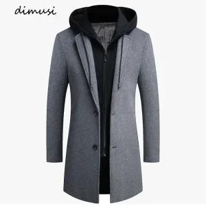 DIMUSI Giubbotti di lana con cappuccio da uomo invernali Casual Collo a sciarpa medio lungo Cappotto di lana spessa di cotone Trench di lusso maschile 1
