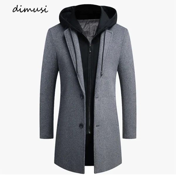 DIMUSI Giubbotti di lana con cappuccio da uomo invernali Casual Collo a sciarpa medio lungo Cappotto di lana spessa di cotone Trench di lusso maschile 1