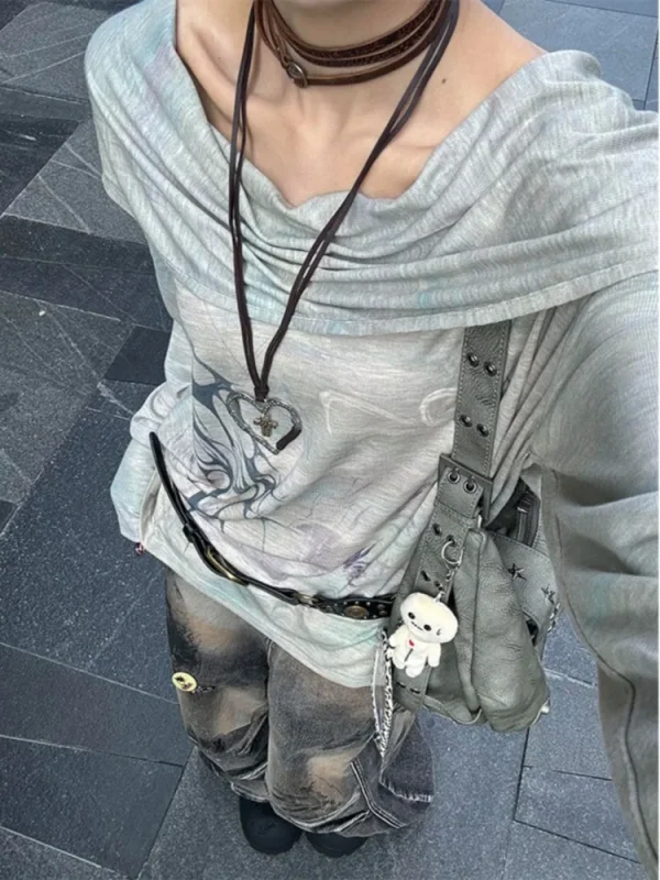 Kimotimo Punk Stampato Colletto Oscillante T-shirt con Cappuccio Donna Giapponese Vintage Allentato Manica Lunga Magliette 2025 Autunno Y2k Gotico Magliette 5