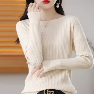 Maglione da donna Autunno Inverno Camicie Bottiming calde Moda coreana Slash Neck Pullover a maniche lunghe Slim Fit Maglieria calda casual 1