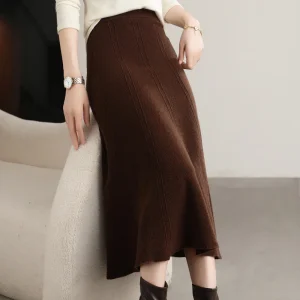 Gonna lavorata a maglia in pura lana al 100% Autunno e inverno da donna Nuova gonna lunga a vita alta e anca di media lunghezza Gonna ombrello in cashmere sottile 1