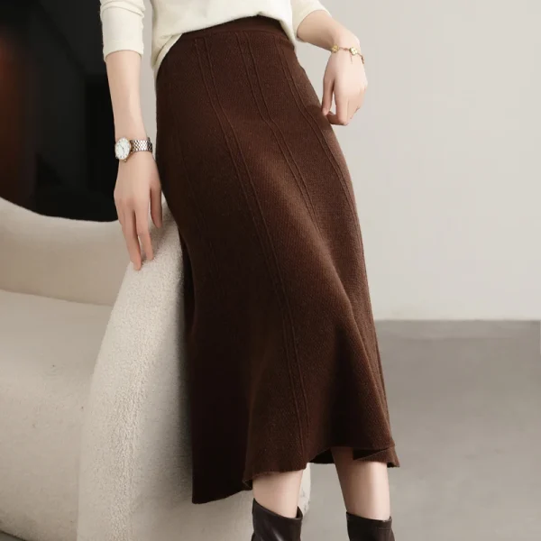 Gonna lavorata a maglia in pura lana al 100% Autunno e inverno da donna Nuova gonna lunga a vita alta e anca di media lunghezza Gonna ombrello in cashmere sottile 1