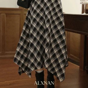 ALXNAN Gonna irregolare scozzese nera Donna Elegante lunga A-line Gonne longuette a quadretti 2025 Autunno Inverno Abbigliamento femminile L57278-1 1