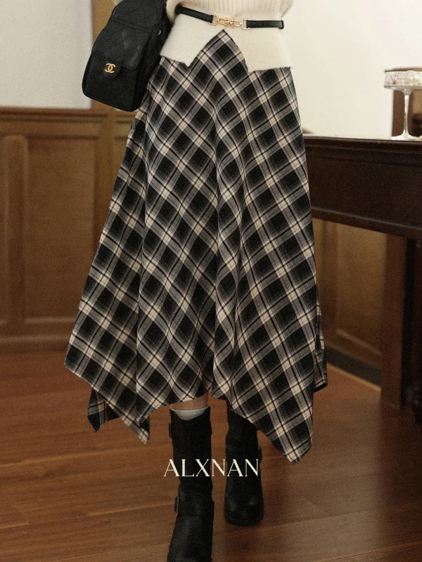 ALXNAN Gonna irregolare scozzese nera Donna Elegante lunga A-line Gonne longuette a quadretti 2025 Autunno Inverno Abbigliamento femminile L57278-1 1