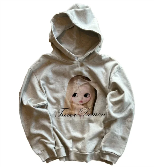 Felpa con cappuccio da donna gotica Y2K Abbigliamento Hip Hop Doll Pattern Felpa con cappuccio grigia oversize Giacca pullover casual alla moda 2
