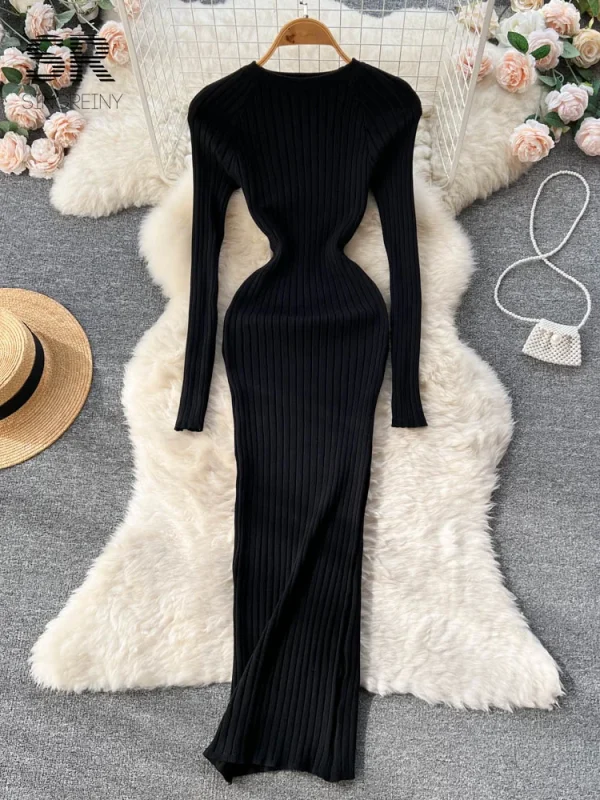 SINGREINY Abito lungo in maglia da donna invernale o collo autunno manica lunga slim solido Harajuku moda donna maglione a matita abiti lunghi 4
