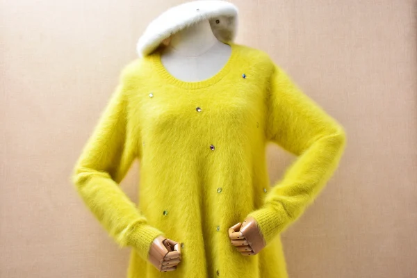 Donna Mujer Autunno Inverno Vestiti Moda Perline Visone peloso Cashmere Lavorato a maglia O-Collo Maniche lunghe Abito maglione maglione medio lungo 2