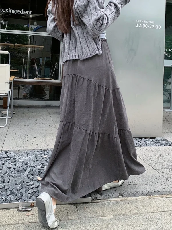 Qiukichonson Gonna lunga maxi grigia Donna 2024 Moda coreana Autunno Inverno Casual Gonne a pieghe con volant a vita alta 90 cm Rok 2