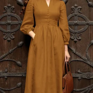 ZANZEA 2025 Autunno Abiti da lavoro solidi Donna Scollo a V Abito a maniche lunghe Elegante A Line Party Vestito estivo Casual Bottone solido Midi Robe 1