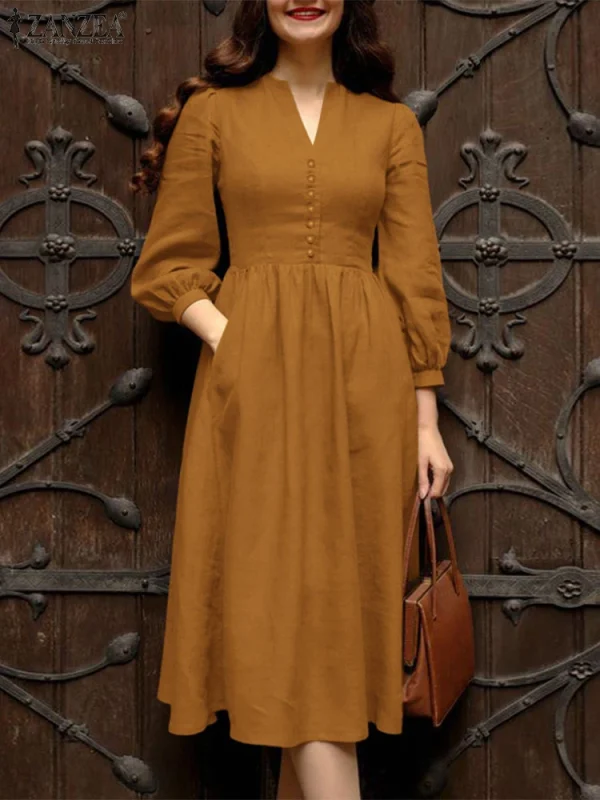 ZANZEA 2025 Autunno Abiti da lavoro solidi Donna Scollo a V Abito a maniche lunghe Elegante A Line Party Vestito estivo Casual Bottone solido Midi Robe 1