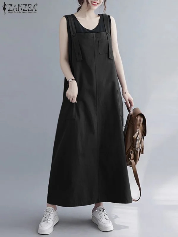ZANZEA Spalline Regolabili Abiti 2023 Donne di Estate Senza Maniche Maxi Vestito di Moda Abbigliamento Da Lavoro Tasche Abiti Streetwear 5