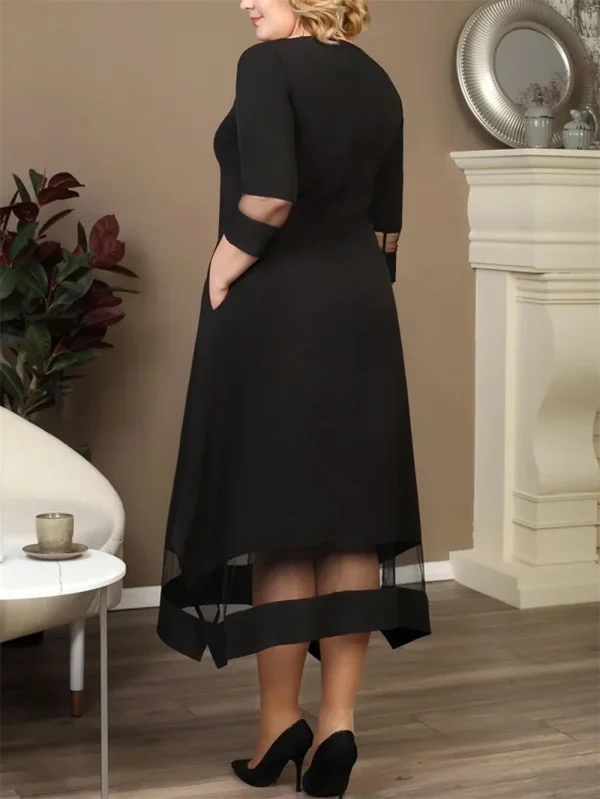 GIBSIE Plus Size nero contrasto maglia Splicing abito lungo donna estate o-collo manica 3/4 elastico lavorato a maglia eleganti abiti a trapezio 2
