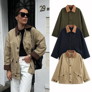 Giacca da donna con risvolto monopetto con design a colori patchwork, nuova giacca in cotone caldo a maniche lunghe stile retrò casual 1