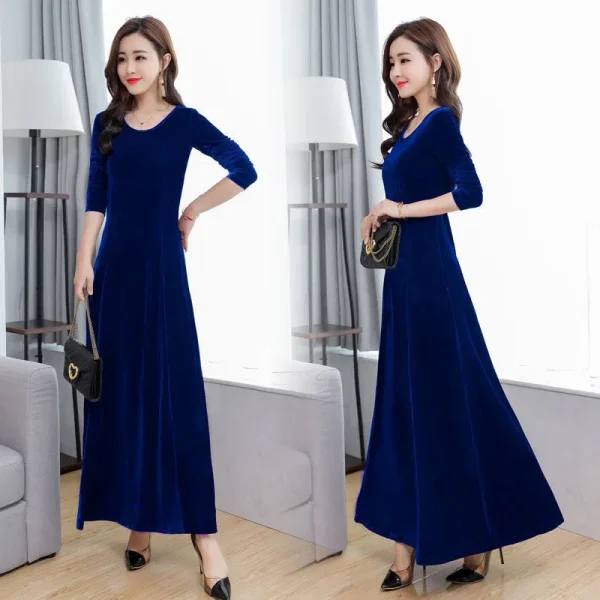 Abito elegante in velluto a maniche lunghe con scollo tondo Abito lungo stile Cheongsam da donna Autunno Inverno Nuovo arrivo gonna base taglie forti 3