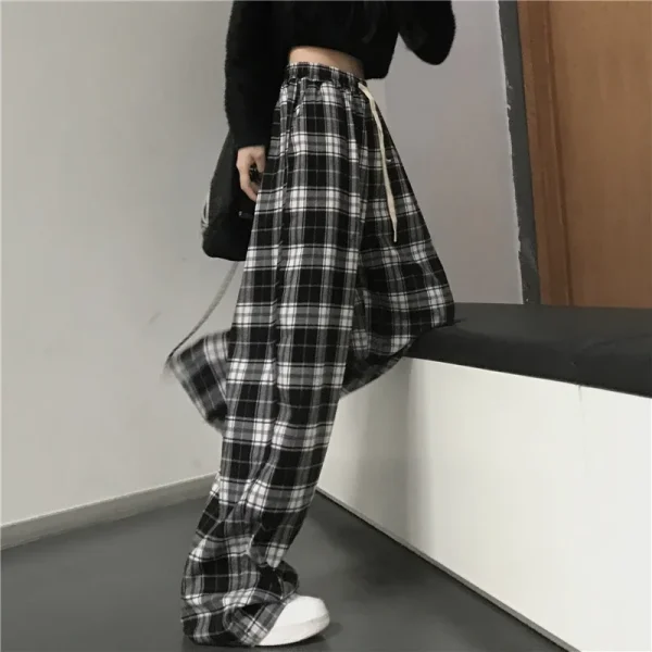 Pantaloni sportivi da donna oversize Pantaloni casual scozzesi neri alla moda Tasche in vita elastiche larghe Pantaloni larghi hip-hop unisex per studenti 2